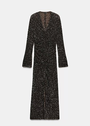 Parıltılı Uzun Kollu V Yakalı Elbise - Görsel 6