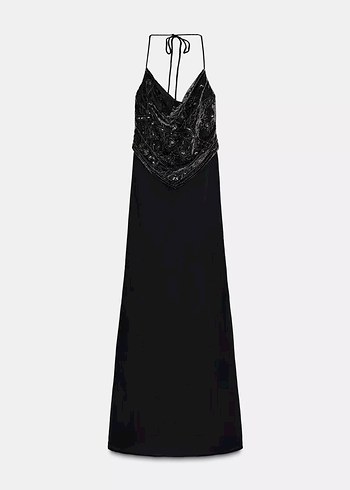 İşlemeli Siyah Uzun V Yaka Drapeli Elbise - Görsel 6