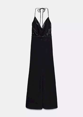 İşlemeli Siyah Uzun V Yaka Drapeli Elbise - Görsel 7