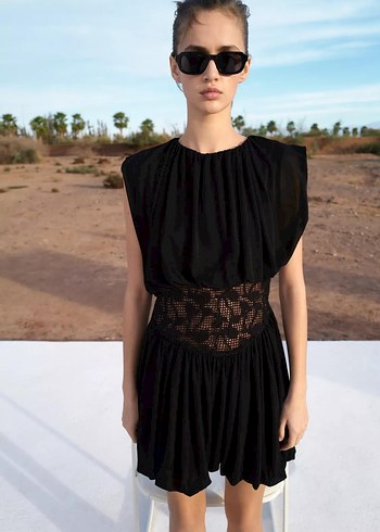 Siyah Süet Kemerli Mini Straplez Elbise - Görsel 2