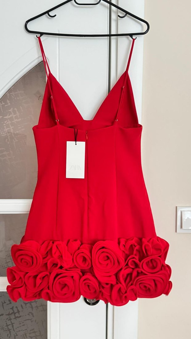 Kırmızı Mini Fırfırlı Askılı Kadın Elbise - Görsel 5