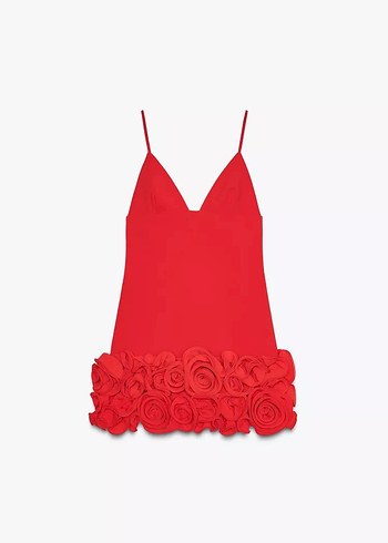 Zara Kırmızı Mini Straplez Fırfırlı Kadın Elbise