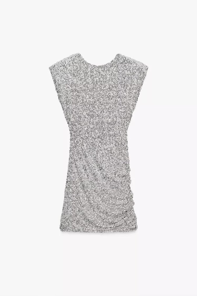 Gümüş Rengi Drapeli Kolsuz Mini Elbise - Görsel 5