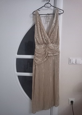 Gold V Yakalı Uzun Bohem Kadın Elbise - Görsel 10