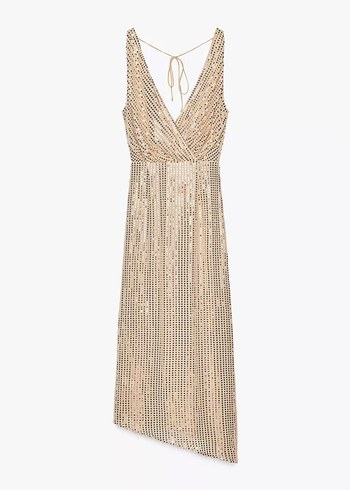 Gold V Yakalı Uzun Bohem Kadın Elbise - Görsel 7