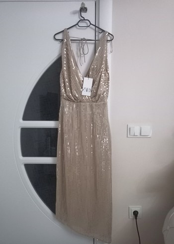 Gold V Yakalı Uzun Bohem Kadın Elbise - Görsel 11