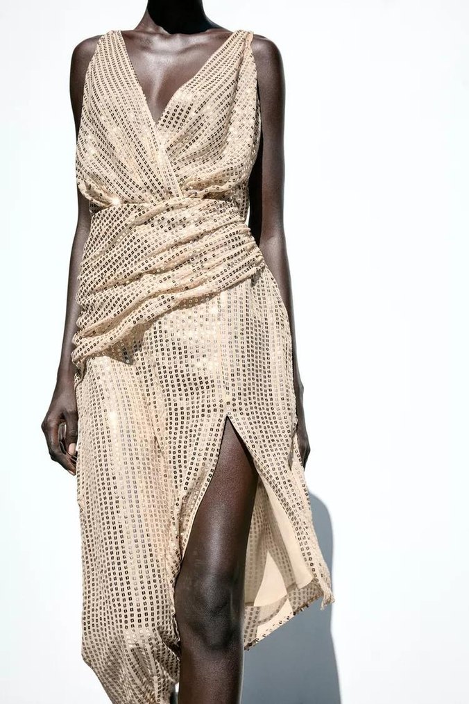 Gold V Yakalı Uzun Bohem Kadın Elbise - Görsel 4