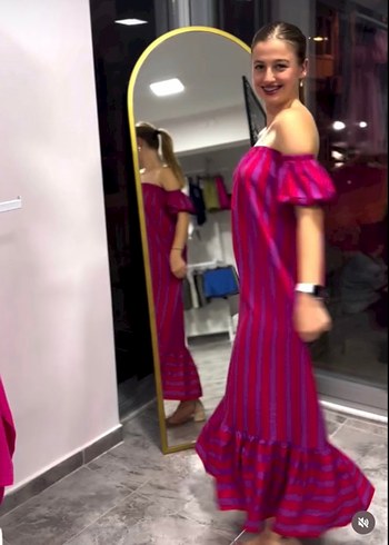Zara Pembe Çizgili Bohem Uzun Elbise