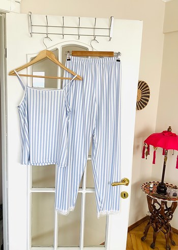 xxl Beden Mavi Çizgili Askılı Kadın Pijama Takımı