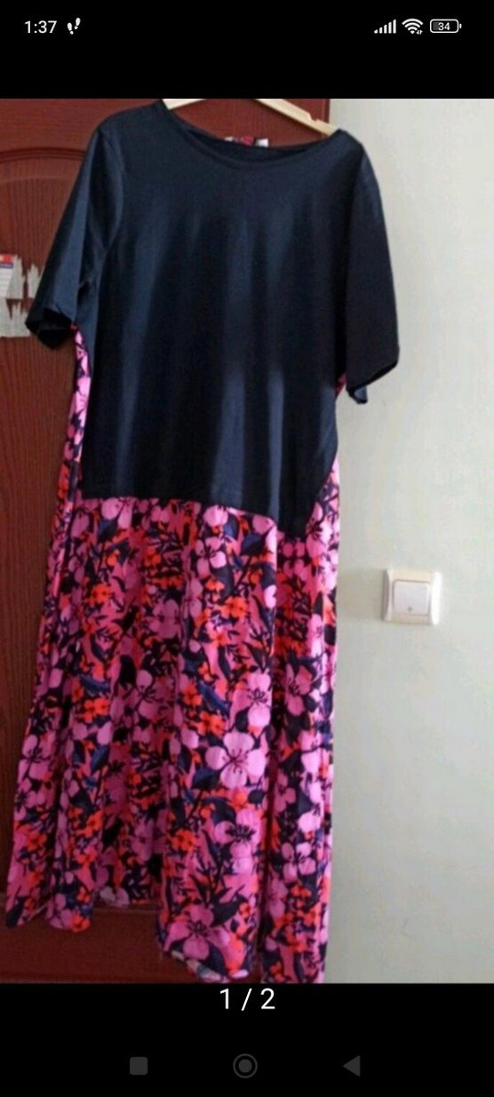 Pembe Siyah Midi Günlük Elbise - Görsel 2