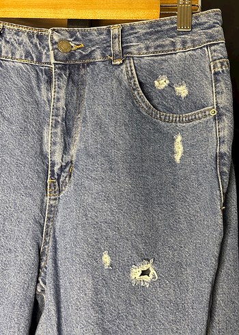 Kadın Mavi Bol Kesim Yırtık Kot Pantolon - Görsel 7