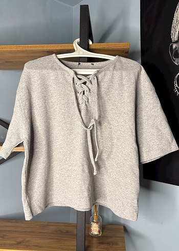 Gri Kısa Kollu Örgü Kadın Kazak - Görsel 4