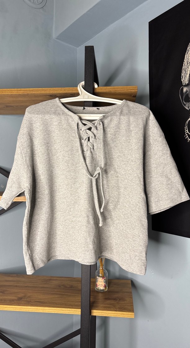 Gri Kısa Kollu Örgü Kadın Kazak - Görsel 4