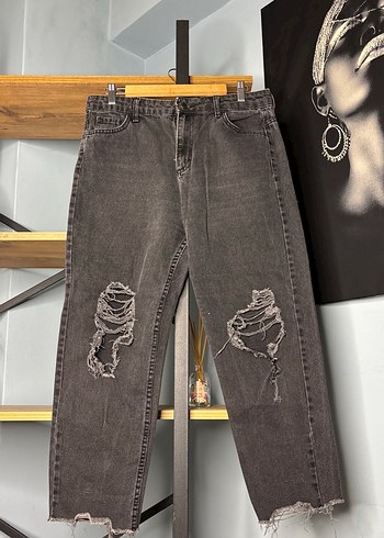 Gri Kadın Kot Pantolon, Gevşek Kesim, Kemerli - Görsel 2