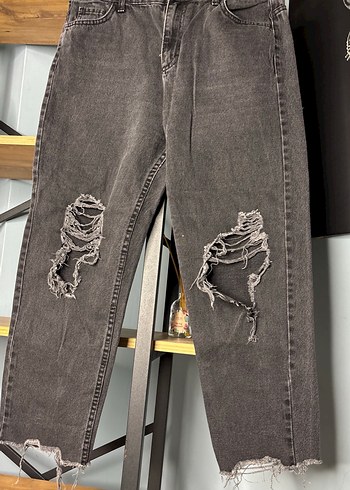 Gri Kadın Kot Pantolon, Gevşek Kesim, Kemerli - Görsel 3