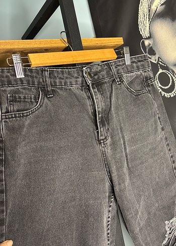 Gri Kadın Kot Pantolon, Gevşek Kesim, Kemerli - Görsel 5