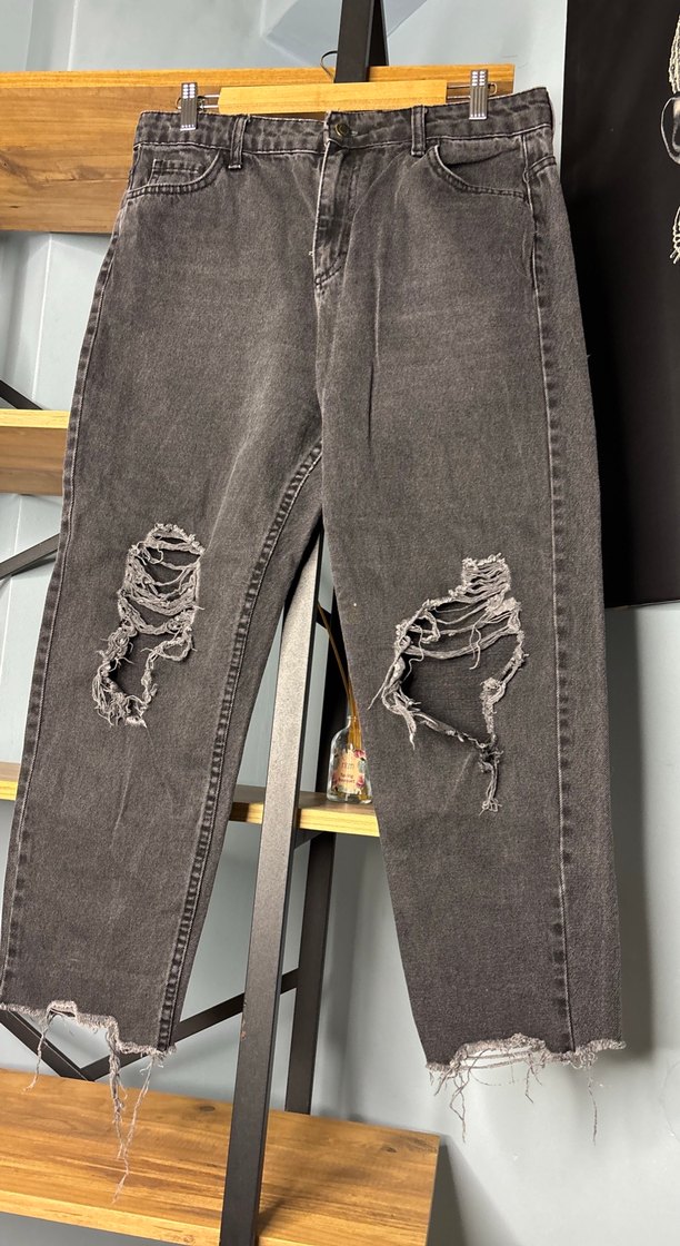 Gri Kadın Kot Pantolon, Gevşek Kesim, Kemerli - Görsel 3