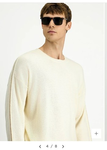 Erkek Beyaz Keten Yuvarlak Yaka Kazak - Görsel 3