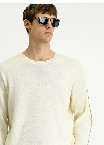 Erkek Beyaz Keten Yuvarlak Yaka Kazak - Görsel 4