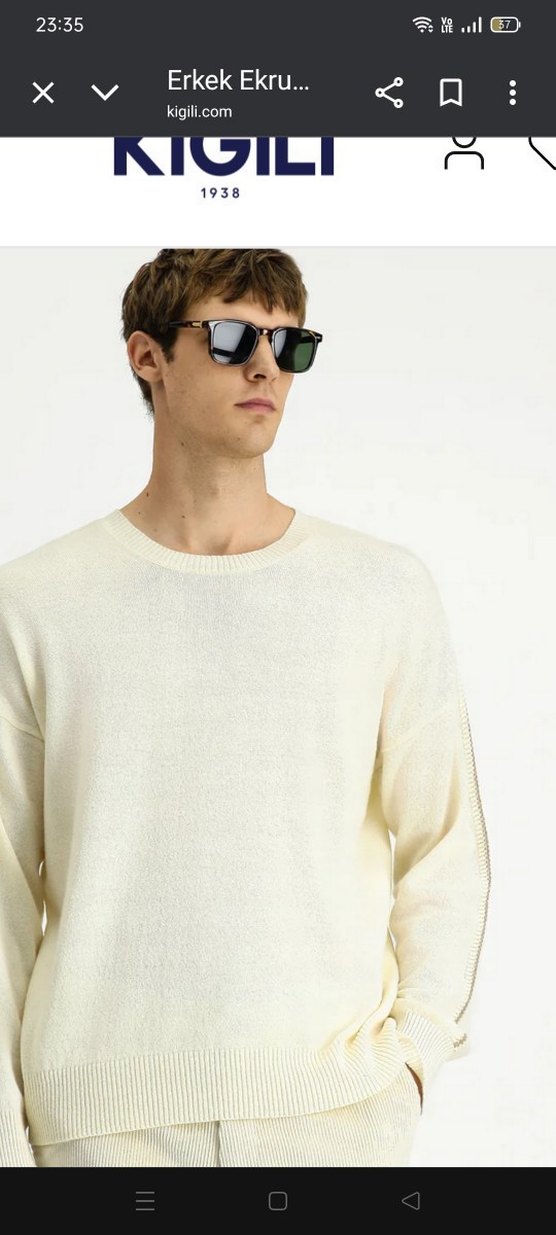 Erkek Beyaz Keten Yuvarlak Yaka Kazak - Görsel 4