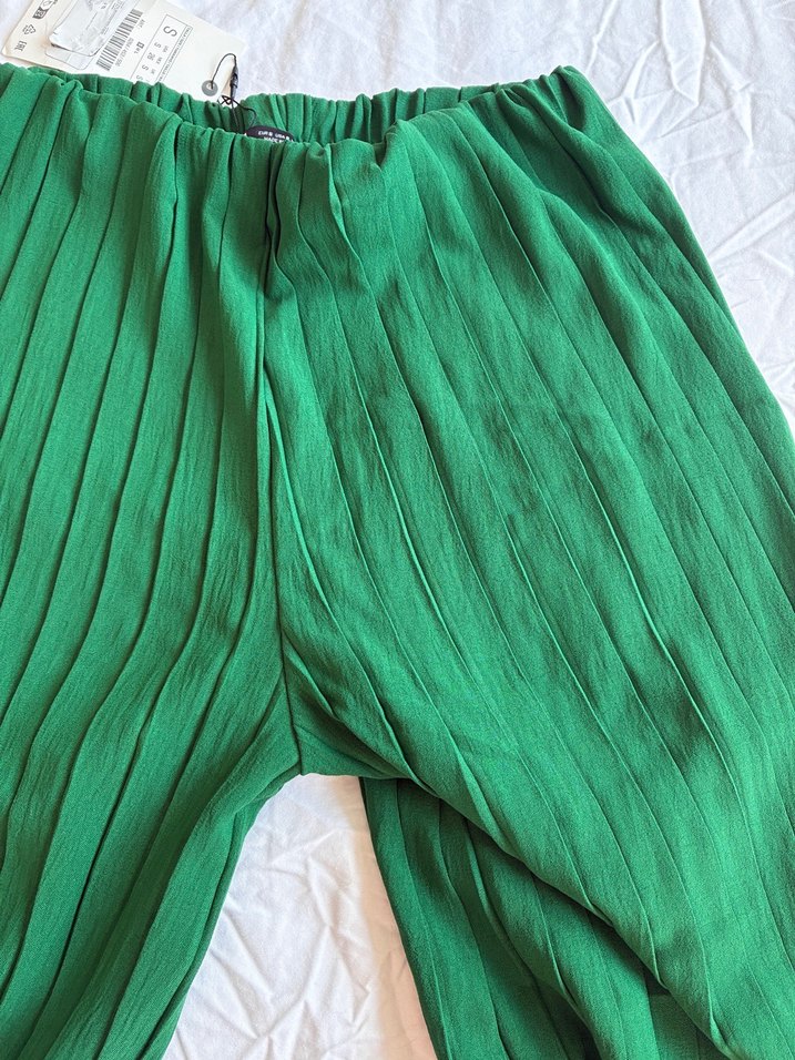 Kadın Yeşil Pilili Midi Kumaş Pantolon - Görsel 5