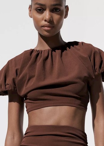 Kısa Kollu Kahverengi Kadın Bluz - Görsel 3