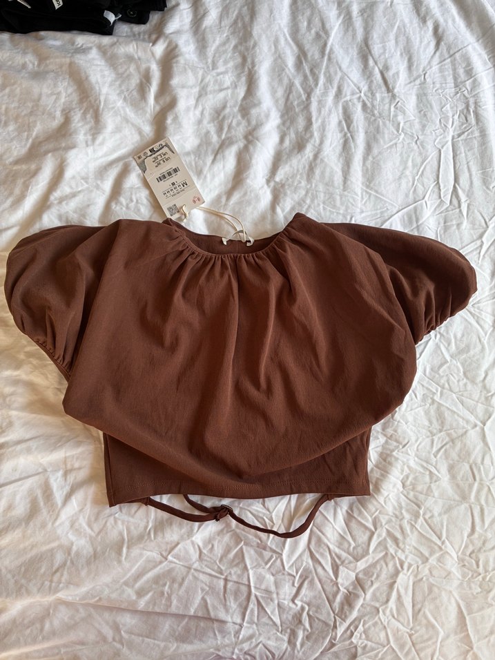 Kısa Kollu Kahverengi Kadın Bluz - Görsel 5