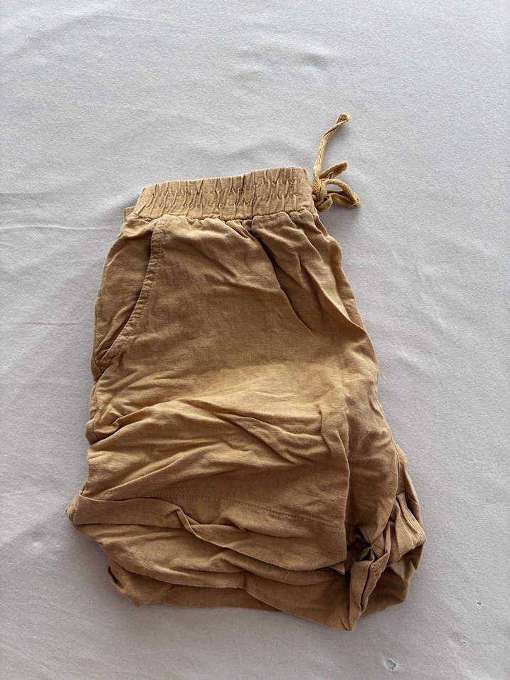 Bej Keten Kadın Mini Şort - Görsel 4