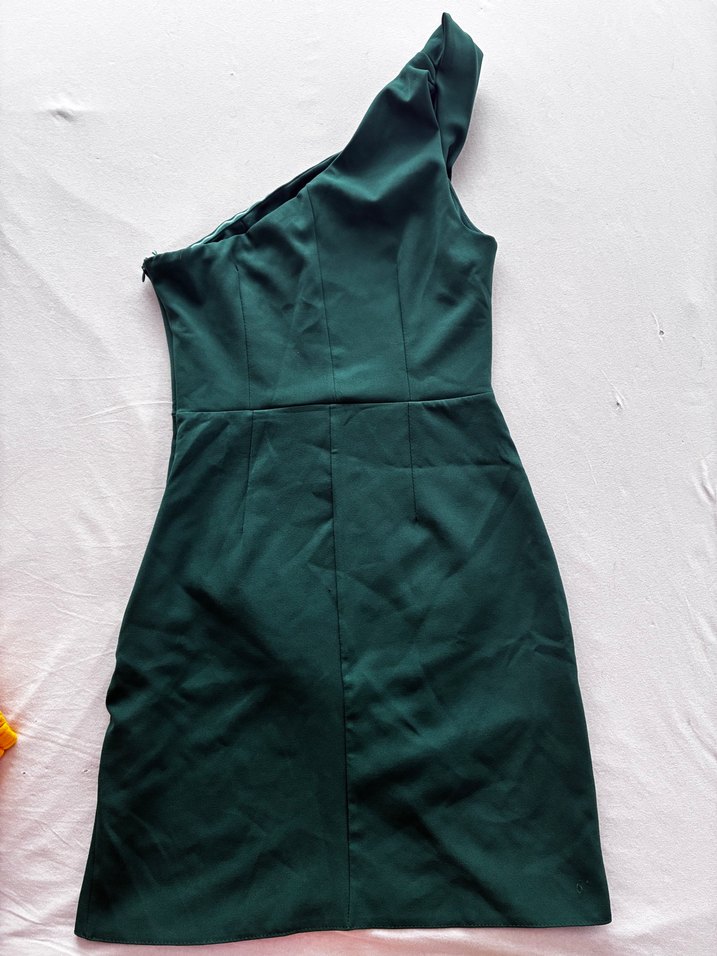 Yeşil Drapeli Tek Omuz Midi Elbise - Görsel 4