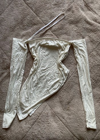 Beyaz Drapeli Uzun Kollu Straplez Bluz - Görsel 2