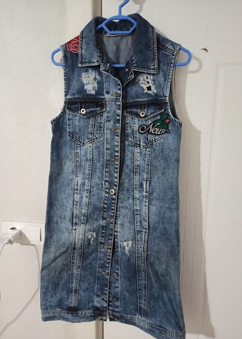 Uzun Kesim Düğmeli Kot Yelek - Görsel 3