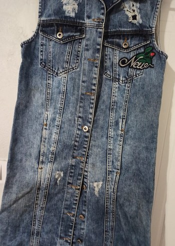 Uzun Kesim Düğmeli Kot Yelek - Görsel 4