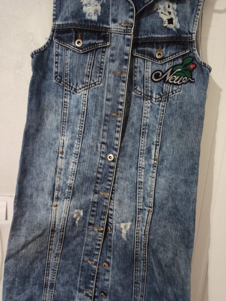 Uzun Kesim Düğmeli Kot Yelek - Görsel 4