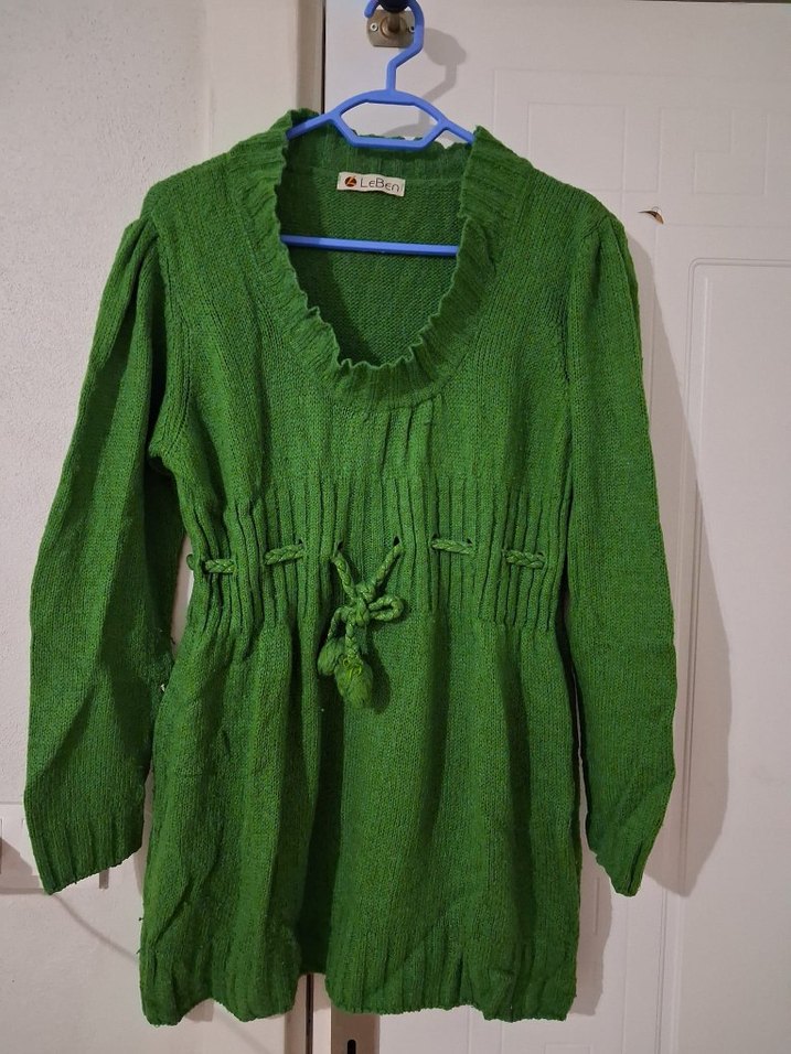 Yeşil V Yaka Örgü Kadın kazak mini tunik - Görsel 3