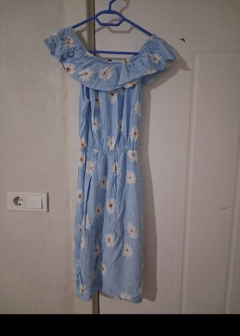 Mavi Çiçek Desenli Uzun Volanlı Elbise - Görsel 2