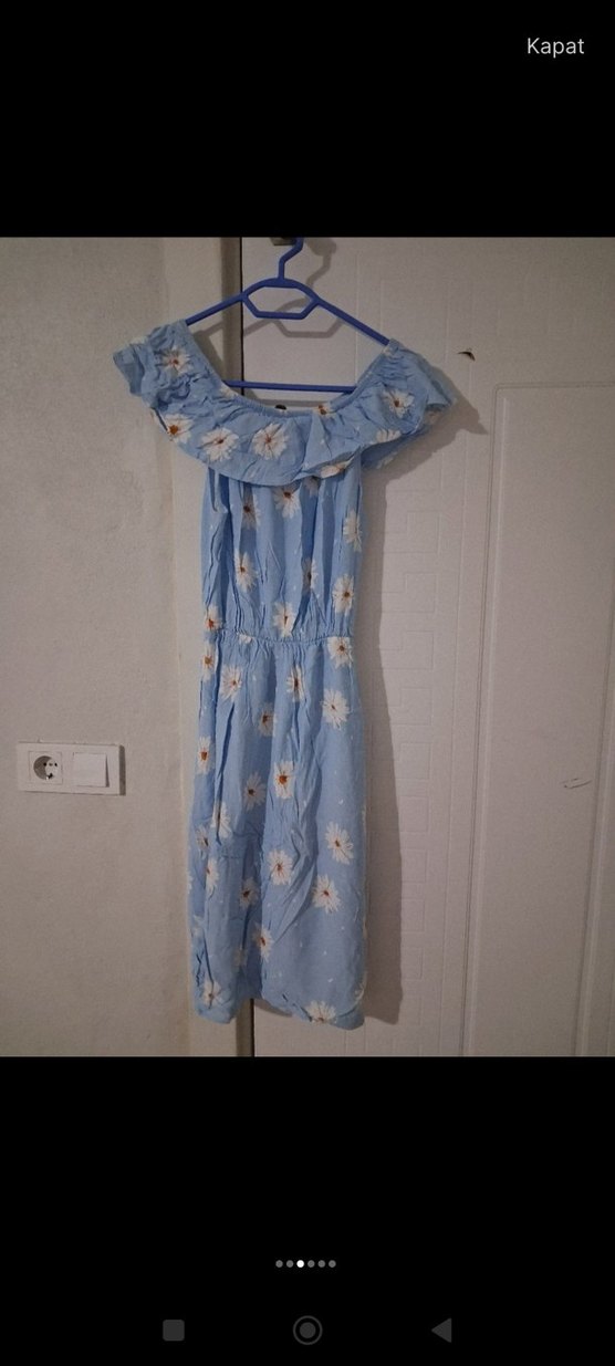 Mavi Çiçek Desenli Uzun Volanlı Elbise - Görsel 2