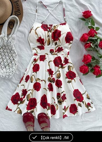 kırmızı Çiçek Desenli Beyaz Mini Elbise - Görsel 2
