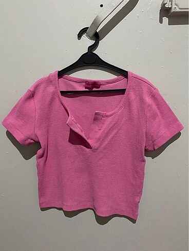 Pembe crop fitilli kumaş tshirt