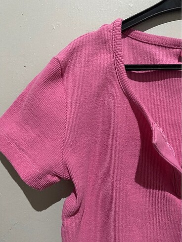 Diğer Pembe crop fitilli kumaş tshirt