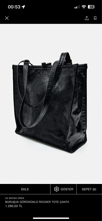  Beden siyah Renk Zara buruşuk görünümlü büyük tote çanta