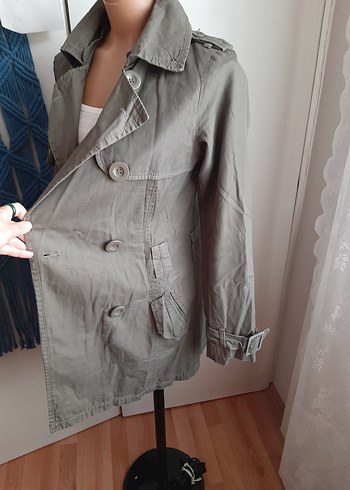 kruvaze Pamuklu kumaş Midi Trençkot - Görsel 8