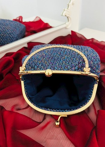 Nakışlı Örgü Vintage Kadın Çanta - Mavi - Görsel 2