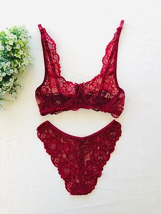 Bordo Dantel Balenli Bralet Takım