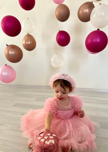 9-12 Ay Beden Kız Çocuk Pembe doğum günü elbisesi