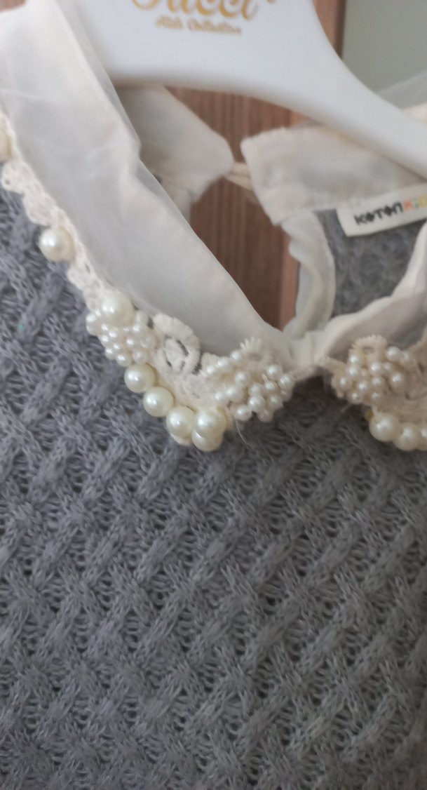 Gri Örgü kız çocuk Kazak Yakalı İnci Detaylı koton - Görsel 4