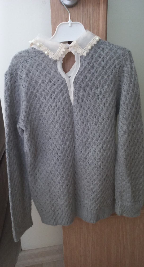 Gri Örgü kız çocuk Kazak Yakalı İnci Detaylı koton - Görsel 3