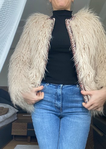 Zara Nakışlı Bej Kadın Yünlü Midi Peluş Ceket - Görsel 2