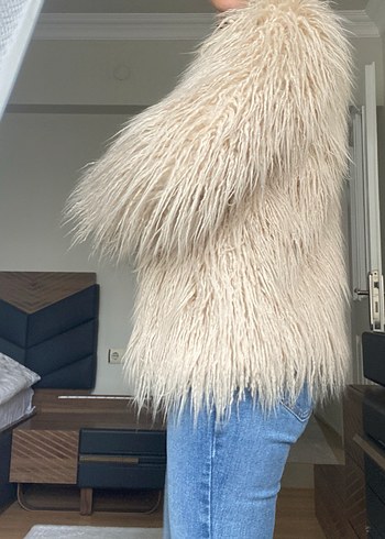 Zara Nakışlı Bej Kadın Yünlü Midi Peluş Ceket - Görsel 3