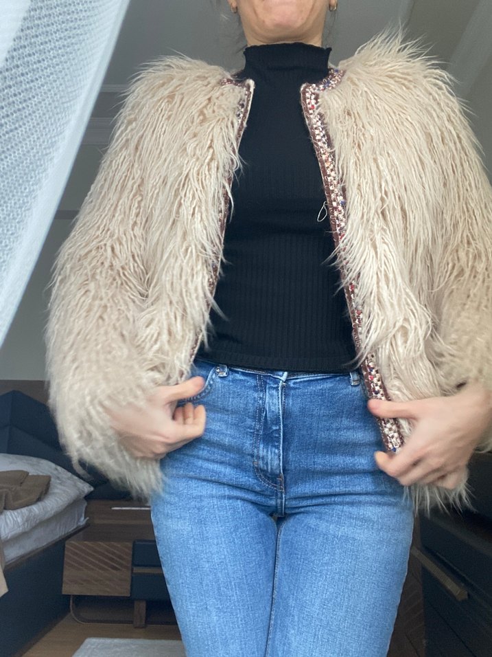 Zara Nakışlı Bej Kadın Yünlü Midi Peluş Ceket - Görsel 2