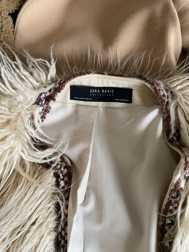 Zara Nakışlı Bej Kadın Yünlü Midi Peluş Ceket - Görsel 5